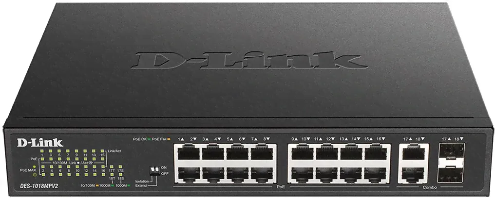 Коммутатор D-Link 16x100Mb 2G 16PoE+ 247W неуправляемый DES-1018MPV2-0